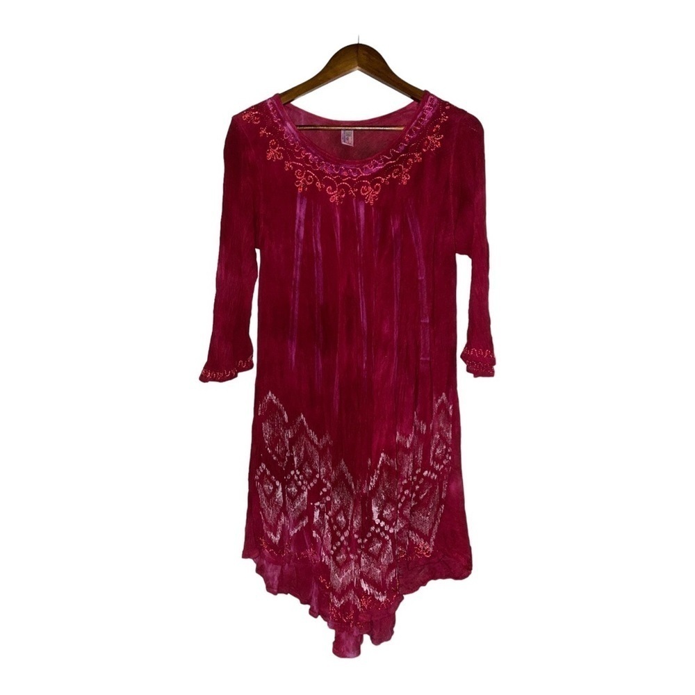 India Boutique‎ Women Embroidered Red Mini Tunic Dress OS Scoop Neck Boho